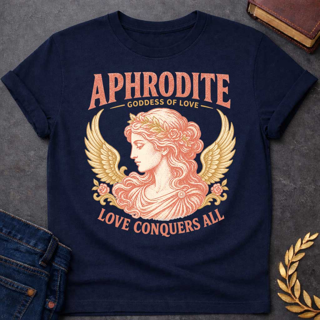 Navy t-shirt with a Vintage Greek mythology design featuring Aphrodite, goddess of love, in an elegant classical portrait framed by golden wings, roses, and floral details. Warm coral and gold engraving-style artwork is paired with bold text reading "Aphrodite – Goddess of Love" and "Love Conquers All."