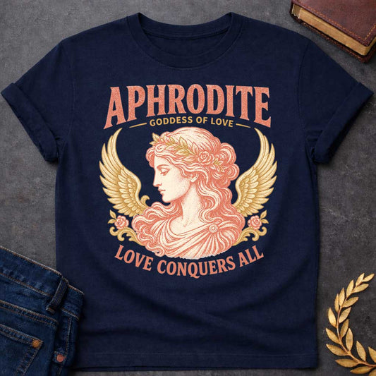 Navy t-shirt with a Vintage Greek mythology design featuring Aphrodite, goddess of love, in an elegant classical portrait framed by golden wings, roses, and floral details. Warm coral and gold engraving-style artwork is paired with bold text reading "Aphrodite – Goddess of Love" and "Love Conquers All."