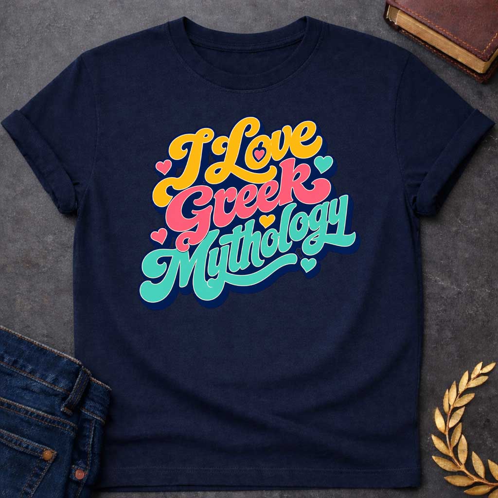 Navy t-shirt with a Colorful retro typography design featuring the phrase "I Love Greek Mythology" in bold, flowing script. Bright yellow, coral pink, and turquoise lettering is layered over a dark navy outline and surrounded by playful heart accents. The vibrant vintage-inspired design celebrates a love of Greek myths, gods, goddesses, heroes, and ancient legends.