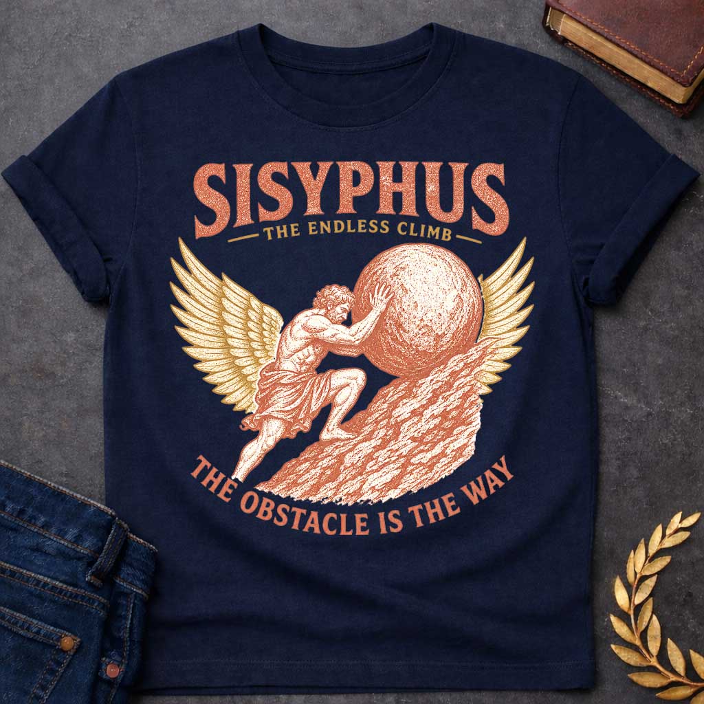 Navy t-shirt with a Vintage Sisyphus Greek mythology design featuring the legendary figure pushing a massive boulder up a steep mountain, framed by golden wings. Distressed terracotta and gold artwork includes the text “Sisyphus,” “The Endless Climb,” and “The Obstacle Is the Way,” symbolizing perseverance, struggle, and determination.