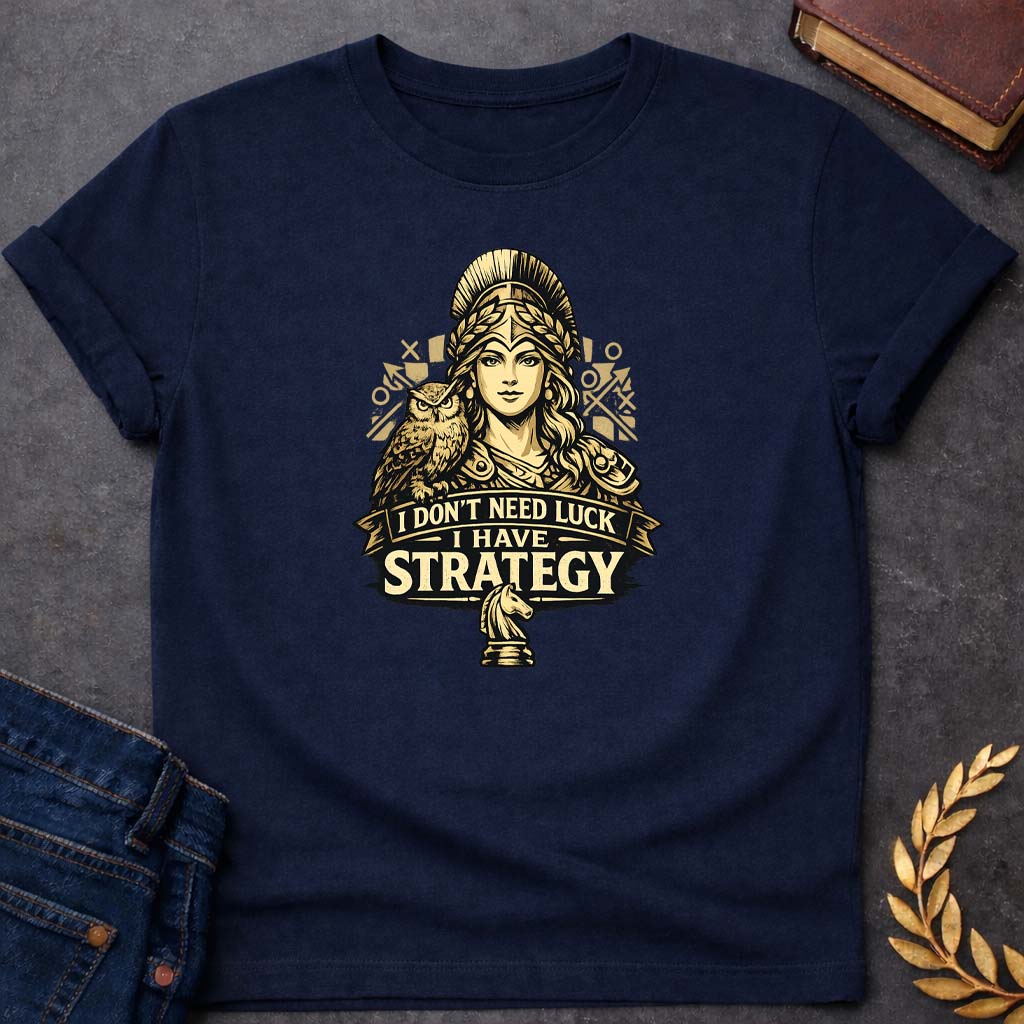 athena i dont need luck i have strategy greek mythology youth t shirt featuring owl, laurel wreath, wisdom symbolism in vintage Greek mythology design