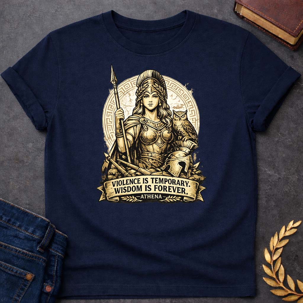 athena violence is temporary wisdom is forever greek mythology youth t shirt featuring owl, laurel wreath, wisdom symbolism in vintage Greek mythology design