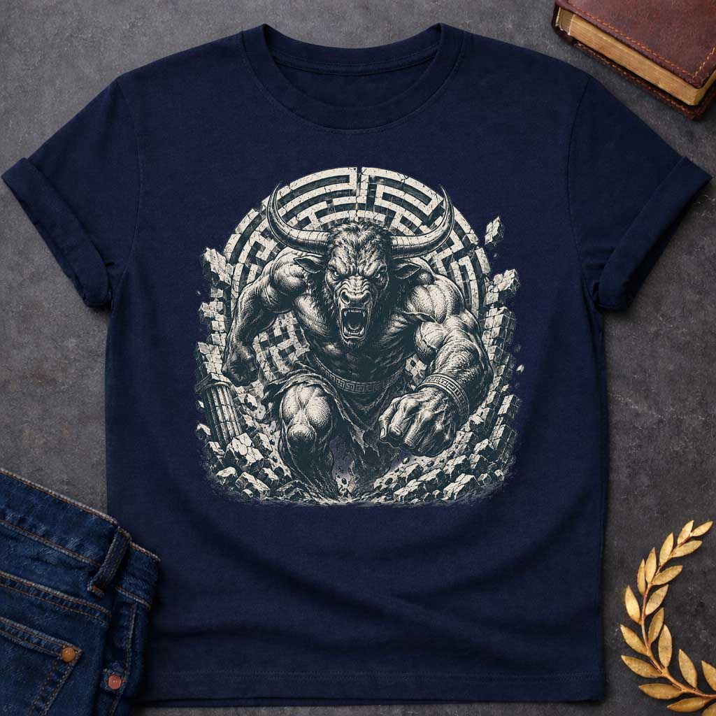 Navy T-shirt with An intense, detailed engraving-style graphic. A powerful, muscular Minotaur with sharp horns and a roaring, ferocious expression bursts forward through a crumbling stone wall. In the background, a large circular labyrinth pattern frames the beast. The character wears ancient Greek-patterned arm bands and a loincloth, captured in a gritty, high-contrast black and white aesthetic
