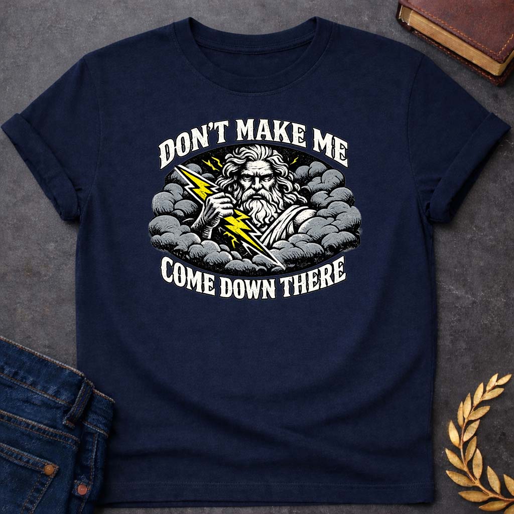 Zeus Don't Make Me Come Down There Greek Mythology Youth T-Shirt featuring lightning bolt, sky god power symbolism in bold Greek mythology design