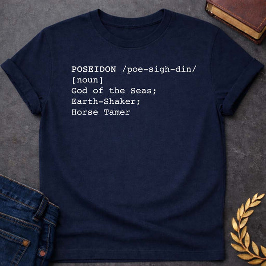 Poseidon Dictionary Definition Greek Mythology Youth T-Shirt featuring trident, ocean waves, sea god symbolism in Greek mythology design