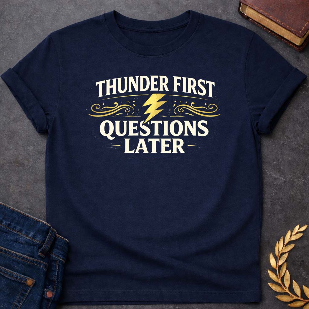 Zeus Thunder First Questions Later Gym Greek Mythology Youth T-Shirt featuring lightning bolt, sky god power symbolism in bold Greek mythology design