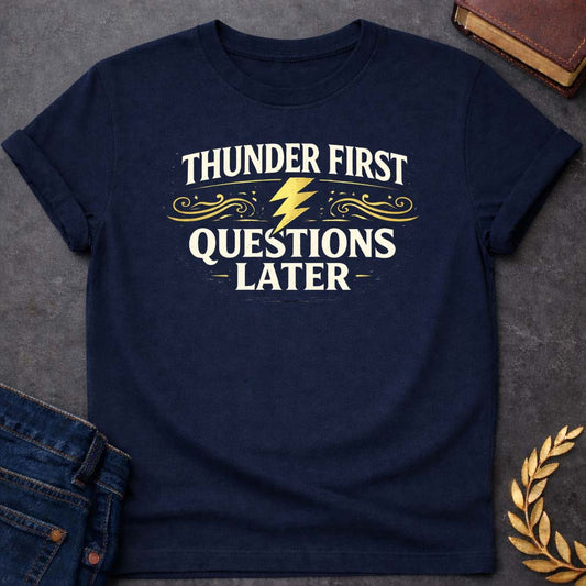 Zeus Thunder First Questions Later Gym Greek Mythology Youth T-Shirt featuring lightning bolt, sky god power symbolism in bold Greek mythology design