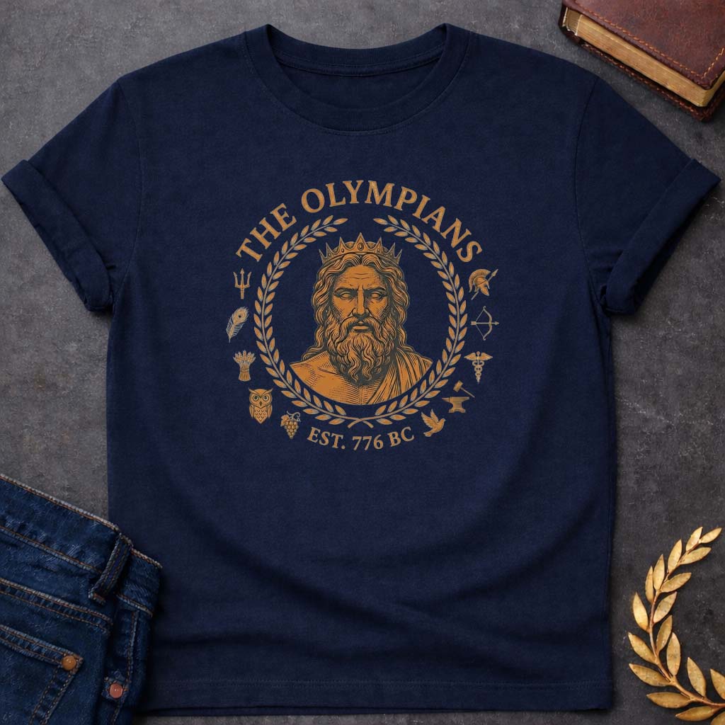 the olympians greek mythology adult t shirt featuring detailed Greek mythology artwork, symbolic design, and bold graphic style