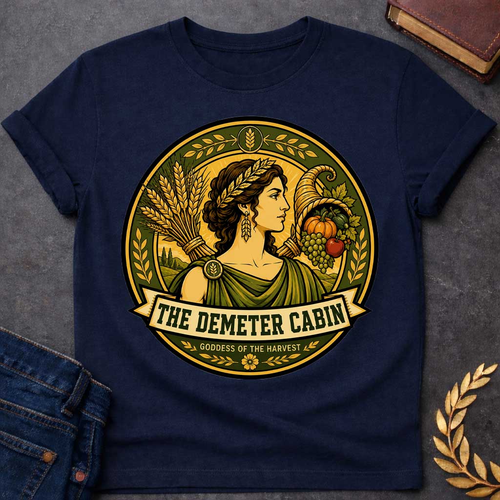 Navy t-shirt with a Demeter Greek mythology cabin design featuring the goddess of the harvest wearing a golden wheat crown, surrounded by bundles of wheat, a cornucopia filled with grapes, pumpkin, apple, and other crops. Olive green and gold circular camp-style emblem includes the text “The Demeter Cabin” and “Goddess of the Harvest.”