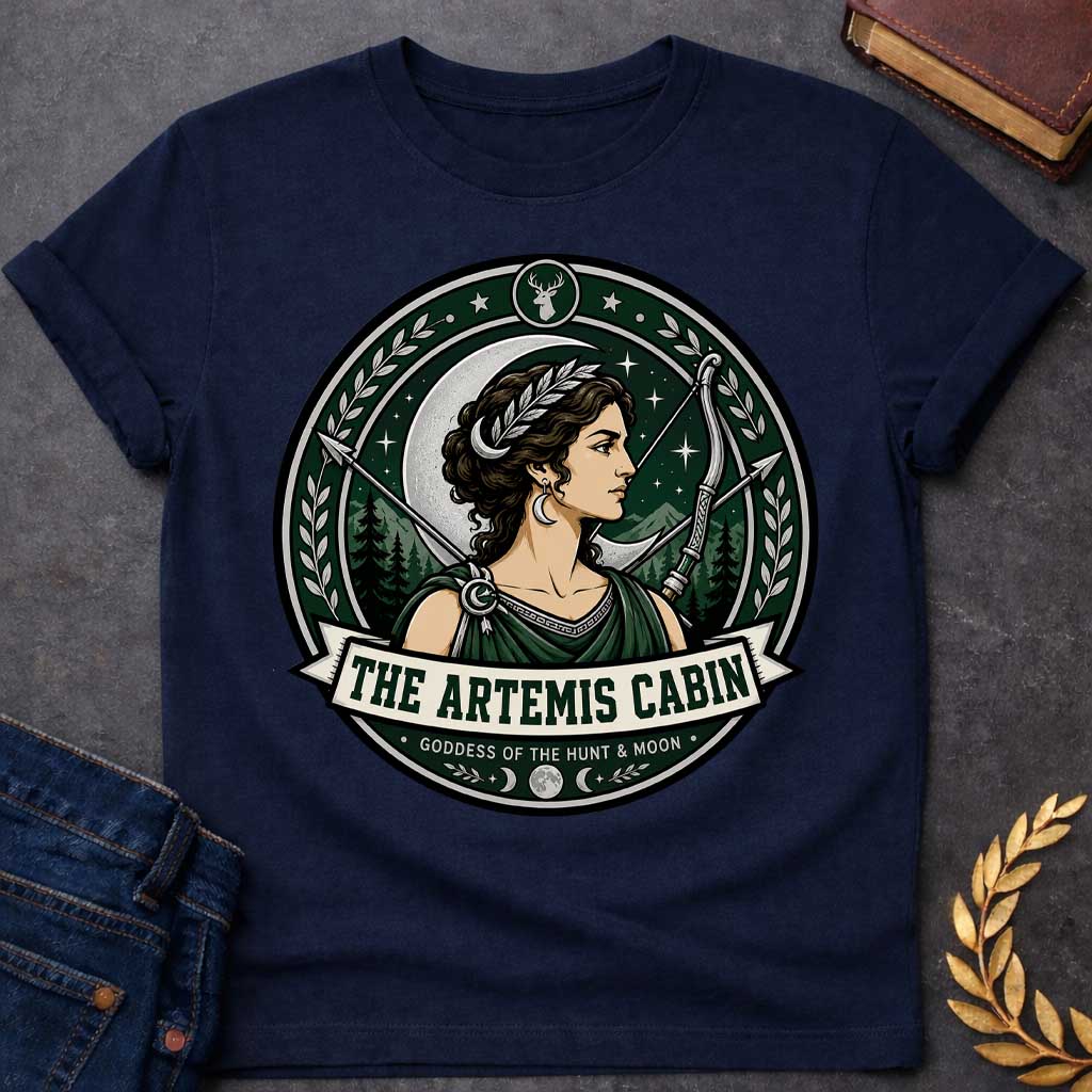 Navy t-shirt with a Artemis Greek mythology cabin design featuring the goddess of the hunt and moon with a crescent moon, bow and arrows, forest mountains, stars, laurel branches, and deer symbol. Dark green, silver, cream, and black circular camp-style emblem includes the text “The Artemis Cabin” and “Goddess of the Hunt & Moon.”