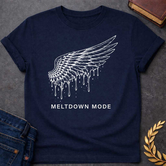 Navy t-shirt with a minimalist, detailed line-art design. A single feathered wing, inspired by the myth of Icarus, stretches upward as wax drippings and droplets melt away from its bottom edge. Centered beneath the illustration, bold white text reads "MELTDOWN MODE" in a clean, spaced-out sans-serif font.