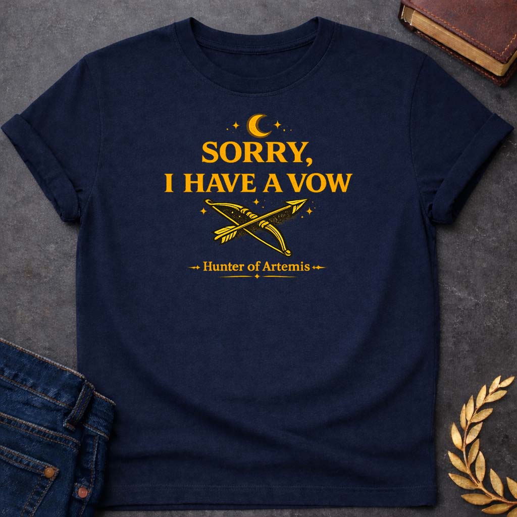 Artemis Sorry I Have a Vow Mythology Adult T-Shirt featuring detailed Greek mythology artwork, symbolic design, and bold graphic style