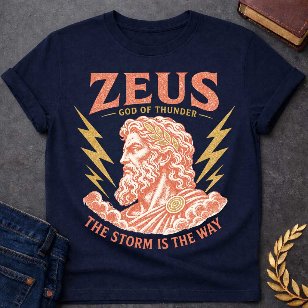 Navy t-shirt with a Vintage Zeus Greek mythology design featuring the bearded god of thunder wearing a golden laurel crown, surrounded by lightning bolts and storm clouds. Distressed terracotta and gold artwork includes the text “Zeus,” “God of Thunder,” and “The Storm Is the Way,” 