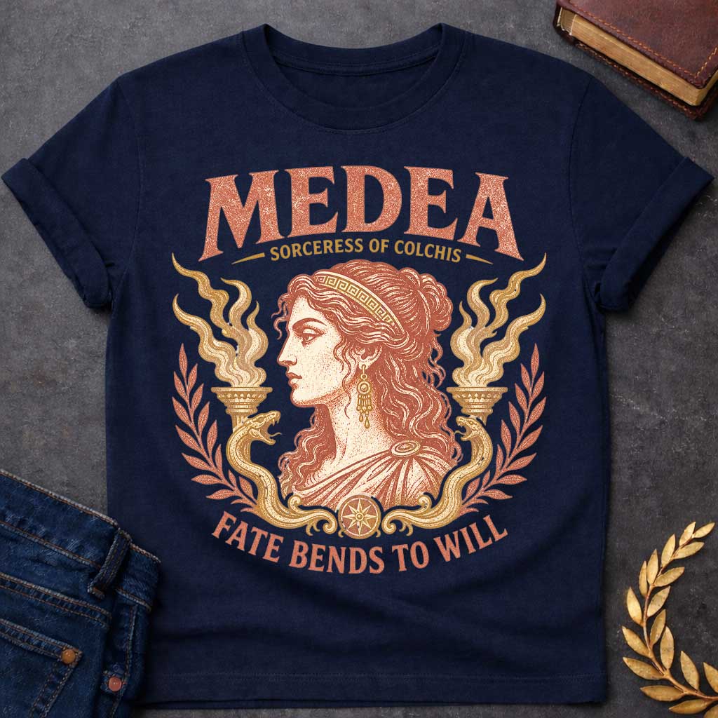 Navy t-shirt with a Vintage Medea Greek mythology design featuring the Sorceress of Colchis in an elegant classical portrait, framed by mystical flames, serpents, and laurel branches. Distressed terracotta and gold artwork includes bold text reading “Medea,” “Sorceress of Colchis,” and “Fate Bends to Will,” creating a dramatic ancient Greek aesthetic.