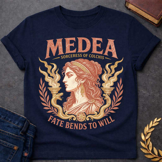 Navy t-shirt with a Vintage Medea Greek mythology design featuring the Sorceress of Colchis in an elegant classical portrait, framed by mystical flames, serpents, and laurel branches. Distressed terracotta and gold artwork includes bold text reading “Medea,” “Sorceress of Colchis,” and “Fate Bends to Will,” creating a dramatic ancient Greek aesthetic.