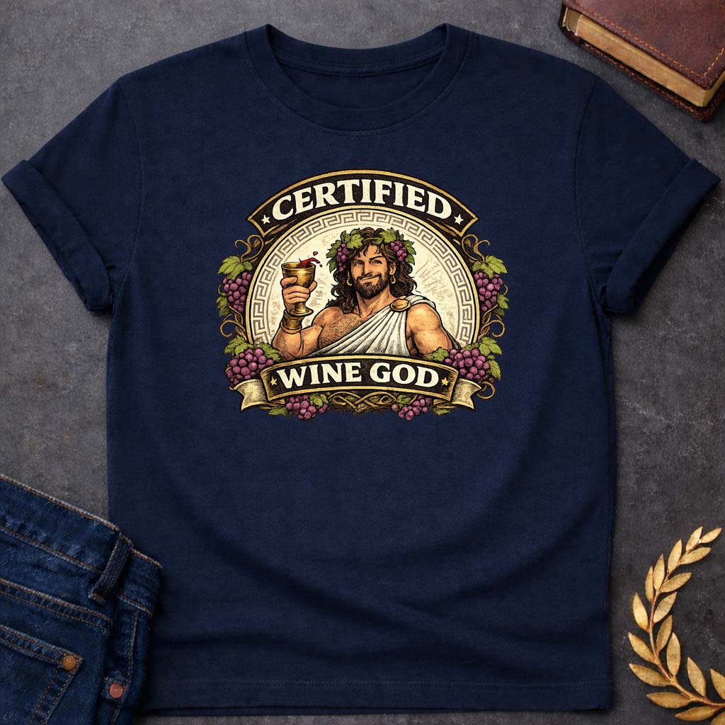 Dionysus Certified Wine God Greek Mythology Adult T-Shirt featuring detailed Greek mythology artwork, symbolic design, and bold graphic style
