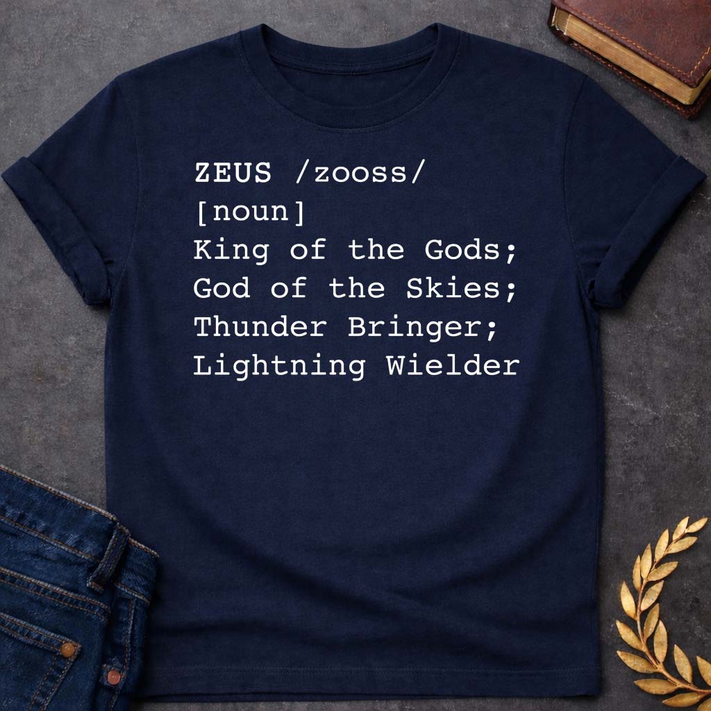 Zeus Dictionary Definition Greek Mythology Youth T-Shirt featuring lightning bolt, sky god power symbolism in bold Greek mythology design