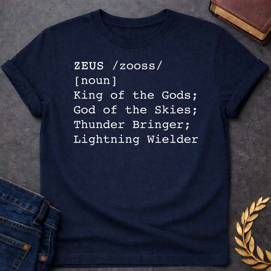 Zeus Dictionary Definition Greek Mythology Youth T-Shirt featuring lightning bolt, sky god power symbolism in bold Greek mythology design