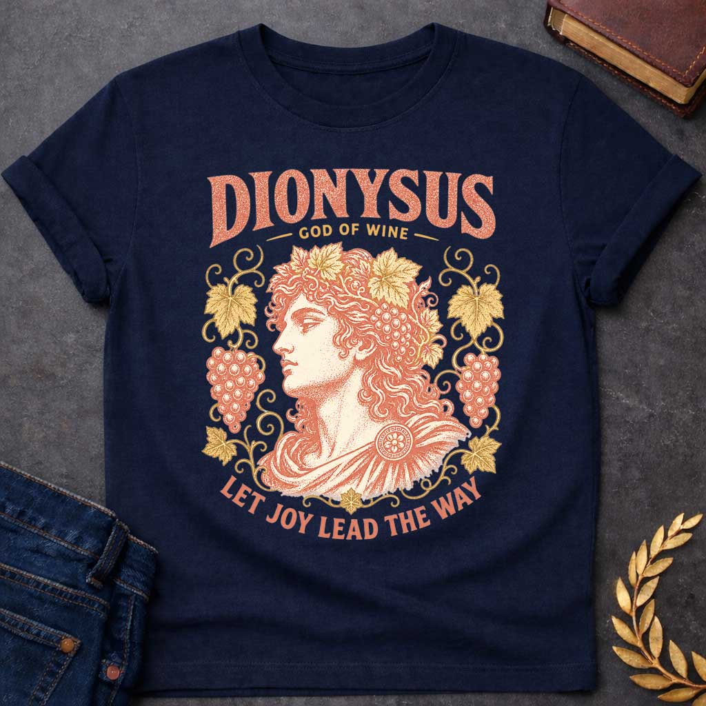 Navy t-shirt with a Vintage Greek mythology design featuring Dionysus, god of wine, wearing a crown of grape leaves and fruit. Ornate grapevines frame the classical portrait in distressed coral and gold, with the text “Dionysus God of Wine” and “Let Joy Lead the Way,” celebrating wine, revelry, and joy.