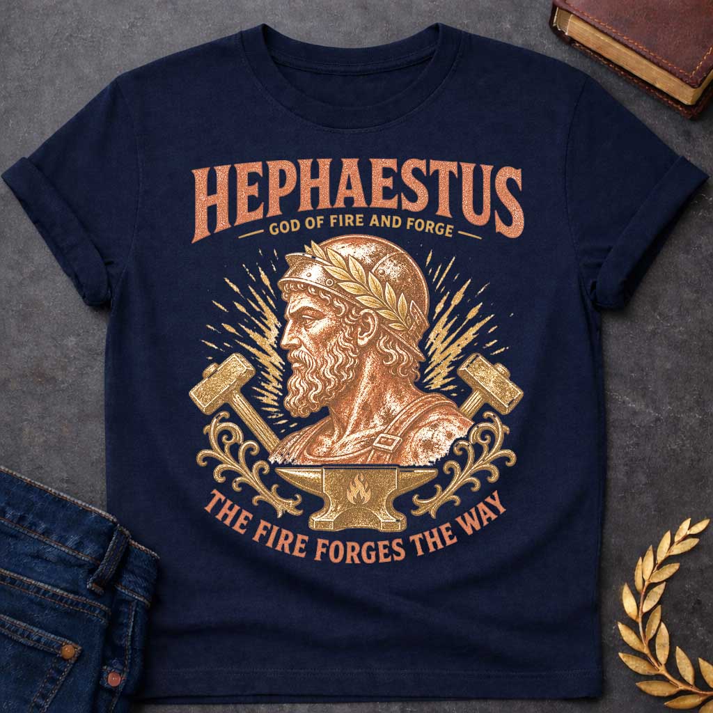 Navy t-shirt with a Vintage Hephaestus Greek mythology shirt design featuring the bearded God of Fire and Forge wearing a classical helmet and laurel crown. He is framed by crossed blacksmith hammers, fiery sparks, ornate details, and an anvil with a flame symbol. Distressed coral and gold artwork includes the text “Hephaestus God of Fire and Forge” and “The Fire Forges the Way.”