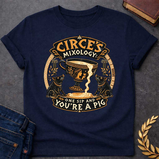 Navy T-shirt with a vintage-style Greek mythology t-shirt design Centered is a large black and gold ancient Greek kylix cup spilling a potion, flanked by two black pigs. At the top, stylized text reads "CIRCE'S MIXOLOGY" in an ornate banner. Below, the warning "ONE SIP AND YOU'RE A PIG" curves along the bottom. The entire circular graphic features a distressed texture with traditional Greek key patterns