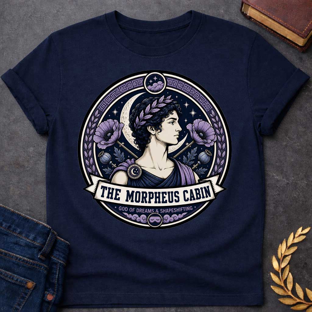 Navy t-shirt with a Morpheus Greek mythology cabin design featuring the god of dreams and shapeshifting in a navy and lavender circular emblem. Morpheus wears a laurel crown and classical robes, surrounded by a crescent moon, stars, purple poppies, poppy pods, clouds, and Greek key details. Text reads “The Morpheus Cabin” and “God of Dreams & Shapeshifting,”
