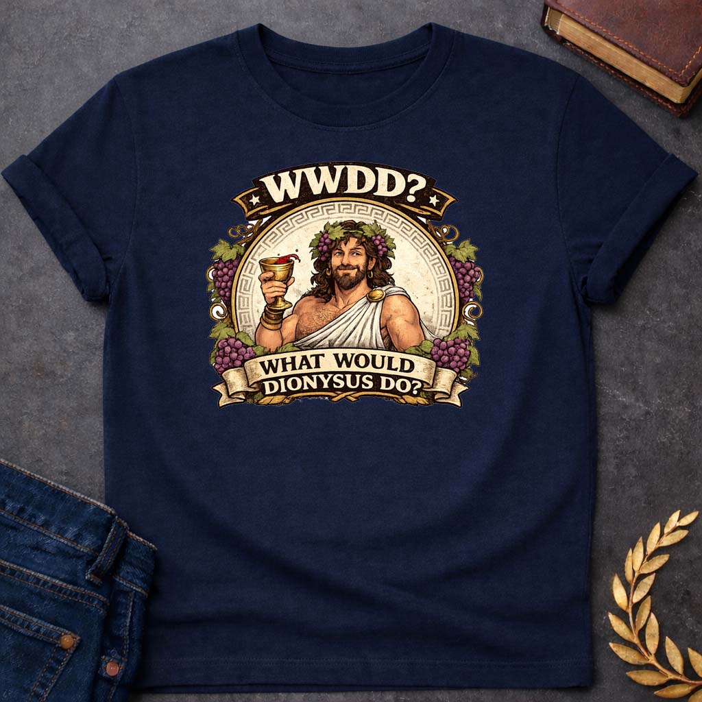 Dionysus What Would Dionysus Do? Greek Mythology Adult T-Shirt featuring detailed Greek mythology artwork, symbolic design, and bold graphic style