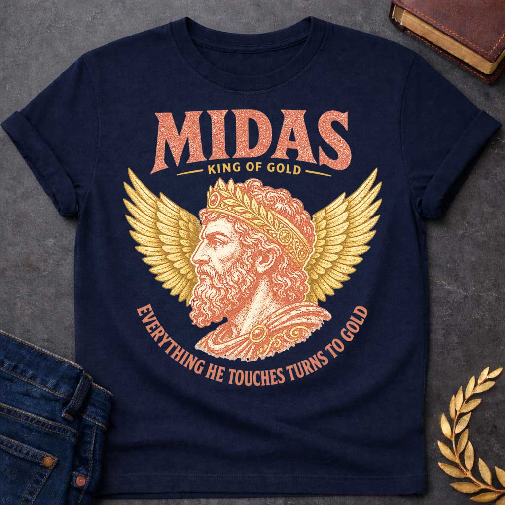Navy t-shirt with a Vintage King Midas Greek mythology design featuring a regal bearded portrait wearing an ornate golden crown, framed by large gold wings. Distressed terracotta and gold artwork includes the text “Midas,” “King of Gold,” and “Everything He Touches Turns to Gold,” inspired by the legendary Midas touch.