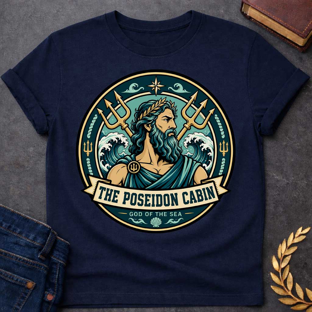 Navy t-shirt with a Poseidon Greek mythology cabin design featuring the bearded god of the sea with a golden laurel crown, crossed tridents, crashing ocean waves, and nautical symbols. Teal, aqua, gold, and black circular camp-style emblem includes the text “The Poseidon Cabin” and “God of the Sea.”