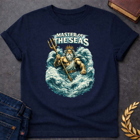 poseidon master to the seas greek mythology unisex softstyle t shirt featuring trident, ocean waves, sea god symbolism in Greek mythology design