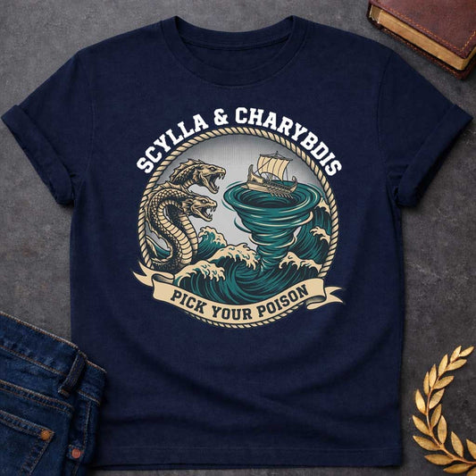 Navy t-shirt with A nautical, vintage-style graphic depicting Greek mythology. Encased in a circular rope frame, a wooden ship is caught on stormy teal waves between a multi-headed sea monster and a massive swirling whirlpool. Bold text arched along the top reads "SCYLLA & CHARYBDIS", while a beige scroll banner at the bottom displays the phrase "PICK YOUR POISON" in a dark block font.