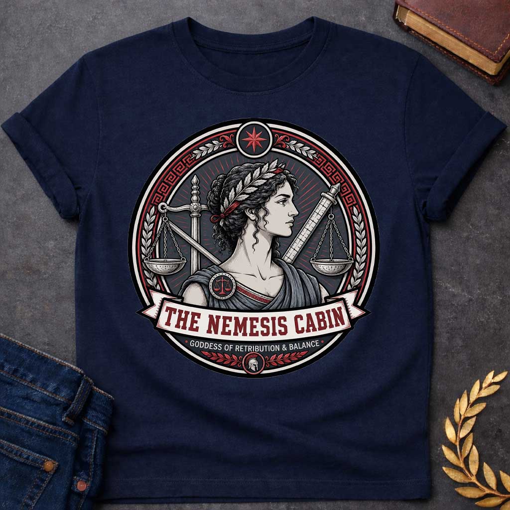 Navy Nemesis Greek mythology cabin design featuring the goddess of retribution and balance in a detailed circular emblem. She wears a laurel crown and is surrounded by balanced scales, a sword, measuring rod, Greek key patterns, and red accents. Text reads “The Nemesis Cabin” and “Goddess of Retribution & Balance,”