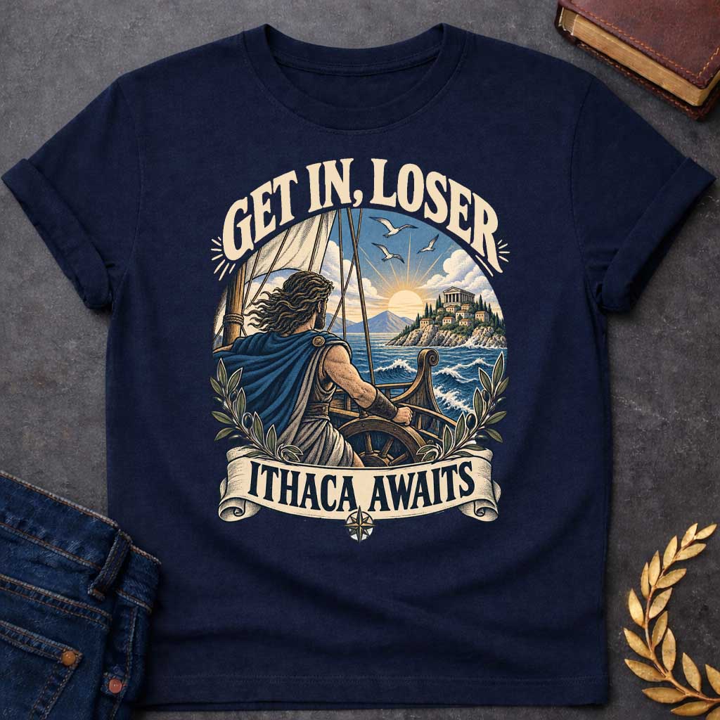 Navy t-shirt with a Vintage Greek mythology design featuring Odysseus sailing toward Ithaca at sunset, surrounded by ocean waves, olive branches, and ancient Greek details. Bold text reads “Get In, Loser” and “Ithaca Awaits,” celebrating The Odyssey and Odysseus’ legendary journey home.
