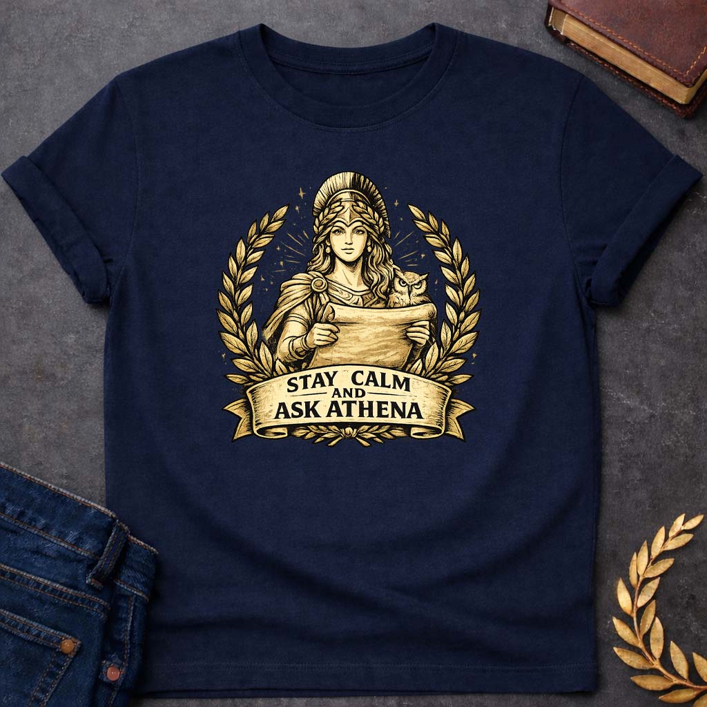 Athena Stay Calm and Ask Athena Greek Mythology Youth T-Shirt featuring owl, laurel wreath, wisdom symbolism in vintage Greek mythology design