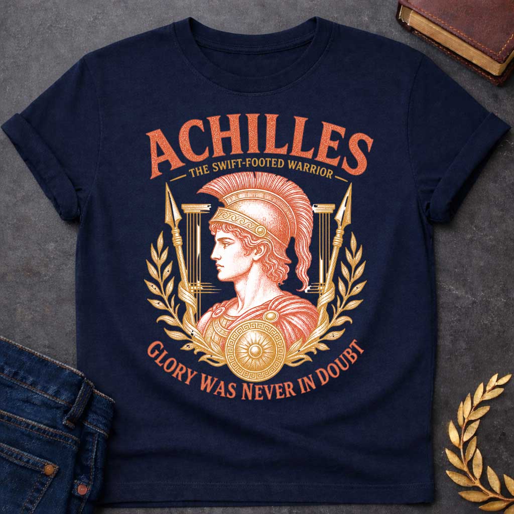 Navy t-shirt with a Vintage Greek mythology design featuring Achilles in a detailed warrior helmet and armor, framed by laurel branches, spears, Greek columns, and a decorated shield. Bold text reads "Achilles – The Swift-Footed Warrior" and "Glory Was Never in Doubt." The orange and gold engraving-style artwork celebrates the legendary hero of the Trojan War.