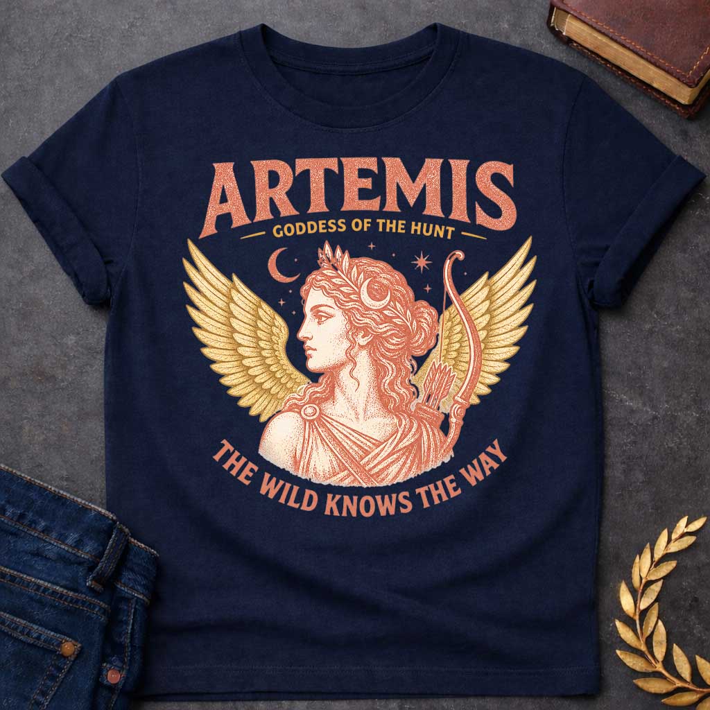 Navy t-shirt with a Vintage Greek mythology design featuring Artemis, goddess of the hunt, with a crescent moon, stars, bow and arrows, and golden wings. Warm coral and gold engraving-style artwork frames her classical portrait. Bold text reads "Artemis – Goddess of the Hunt" and "The Wild Knows the Way," celebrating the Olympian goddess of nature and the hunt.