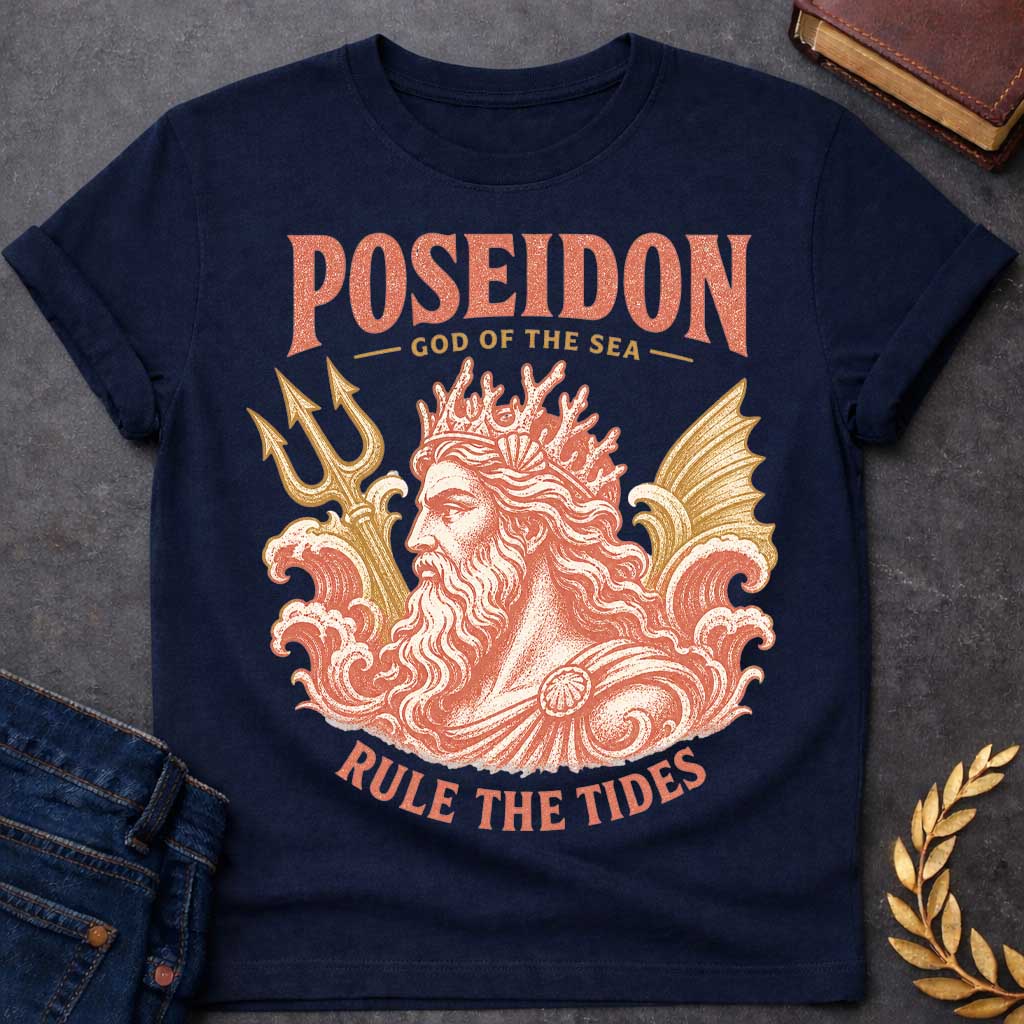 Navy t-shirt with a Vintage Poseidon Greek mythology design featuring the powerful god of the sea with a flowing beard, coral crown, trident, and crashing ocean waves. Distressed terracotta and gold artwork includes the bold text “Poseidon,” “God of the Sea,” and “Rule the Tides,” creating a classic ancient Greek inspired nautical design.