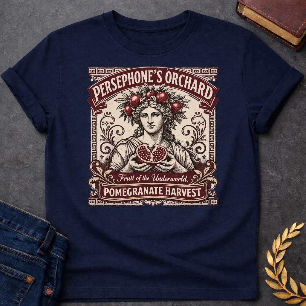 Persephone Orchard Pomegranate Harvest Greek Mythology Adult Shirt featuring pomegranate, underworld queen symbolism in dark floral mythology design