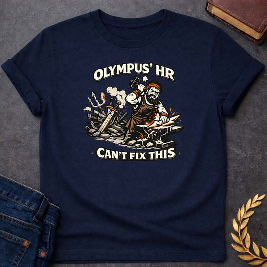 hephaestus olympus hr cant fix this greek mythology youth t shirt featuring blacksmith hammer, forge sparks, fire god symbolism in industrial mythology design