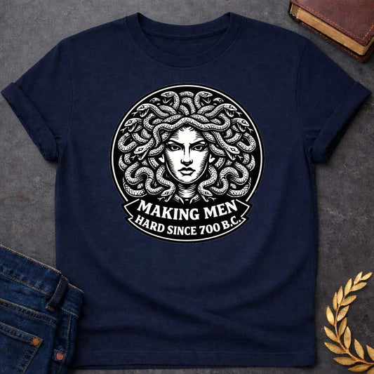 Medusa Making Men Hard Since 700 B.C. Greek Mythology Adult Shirt featuring detailed Greek mythology artwork, symbolic design, and bold graphic style