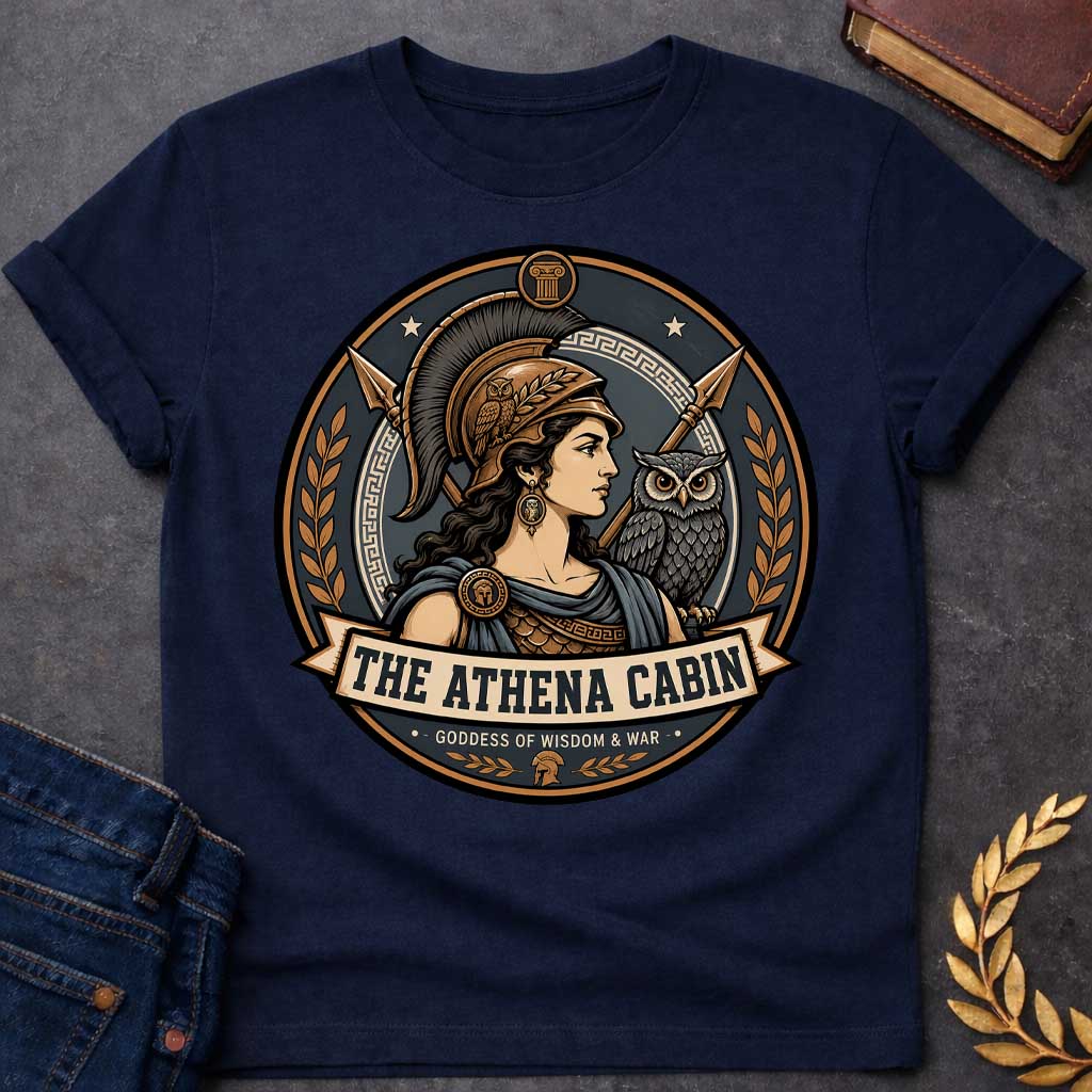 Navy t-shirt with a Athena Greek mythology cabin design featuring the goddess of wisdom and war in a bronze warrior helmet, accompanied by her sacred owl and crossed spears. Bronze, charcoal, and cream circular camp-style emblem features Greek key details, laurel branches, and the text “The Athena Cabin” and “Goddess of Wisdom & War.”