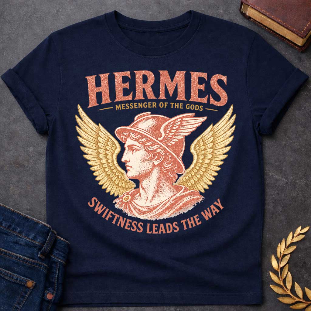 Navy t-shirt with a Vintage Hermes Greek mythology design featuring the Messenger of the Gods in profile wearing his iconic winged helmet, framed by large golden wings. Distressed coral and gold artwork creates an antique classical style with bold text reading “Hermes Messenger of the Gods” and “Swiftness Leads the Way.”