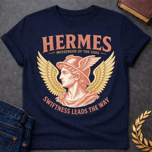 Navy t-shirt with a Vintage Hermes Greek mythology design featuring the Messenger of the Gods in profile wearing his iconic winged helmet, framed by large golden wings. Distressed coral and gold artwork creates an antique classical style with bold text reading “Hermes Messenger of the Gods” and “Swiftness Leads the Way.”