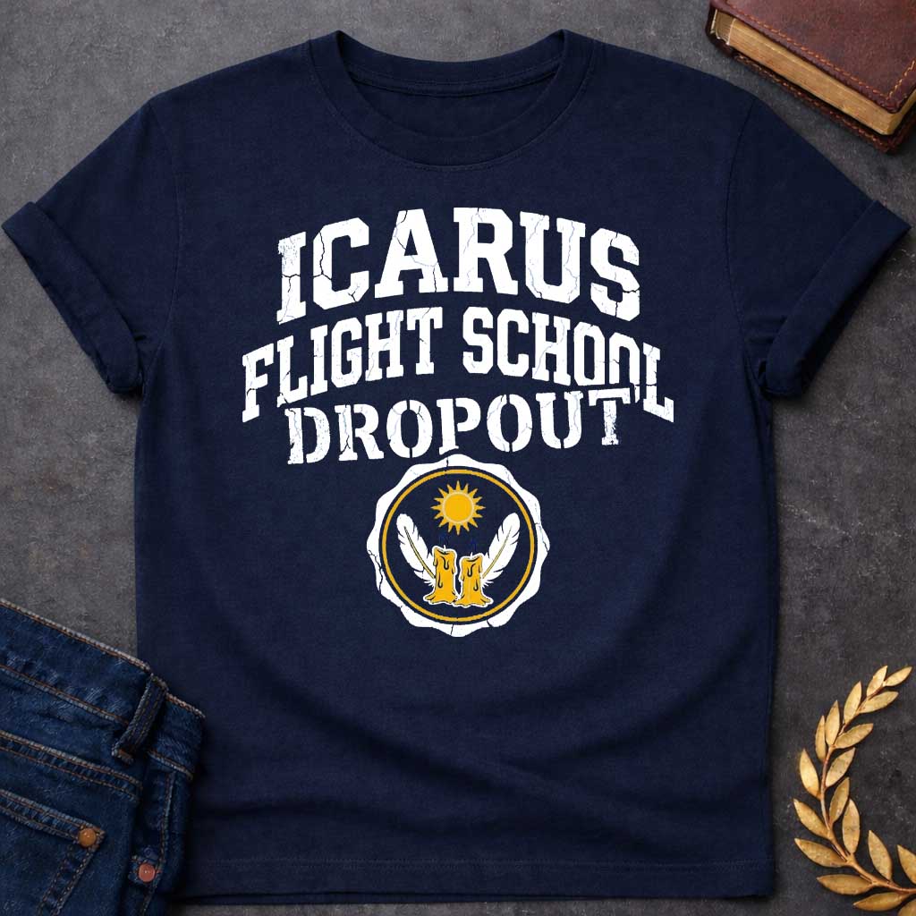 Navy in distressed collegiate style: bold white arched text with a cracked, weathered texture above a circular emblem featuring two melting wax candles with wings and a blazing sun, gold and navy on a white badge.