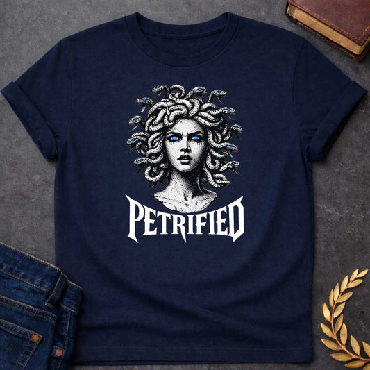 Medusa Petrified Greek Mythology Youth Shirt featuring detailed Greek mythology artwork, symbolic design, and bold graphic style