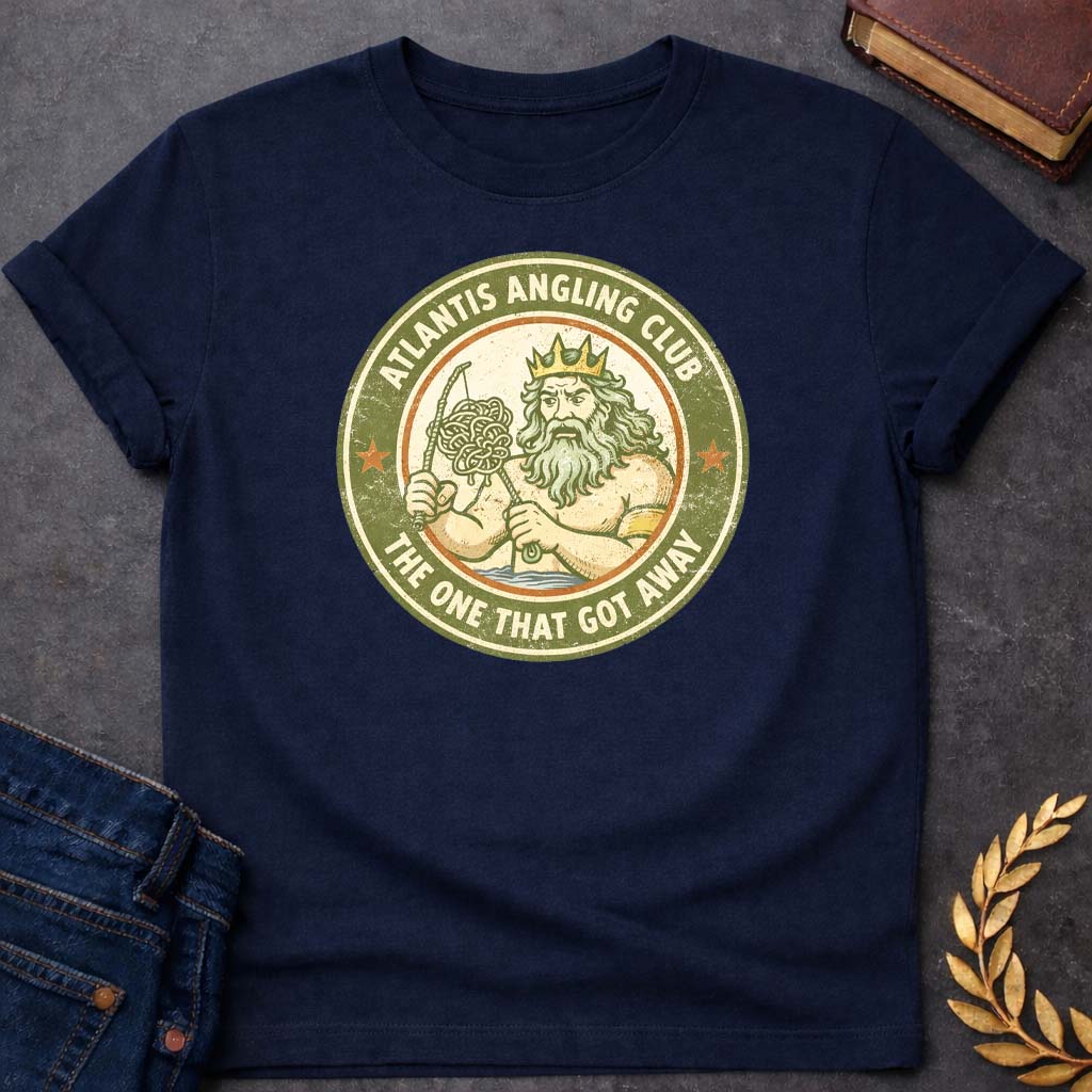 Poseidon Atlantis Angling Club Greek Mythology Youth T-Shirt featuring trident, ocean waves, sea god symbolism in Greek mythology design