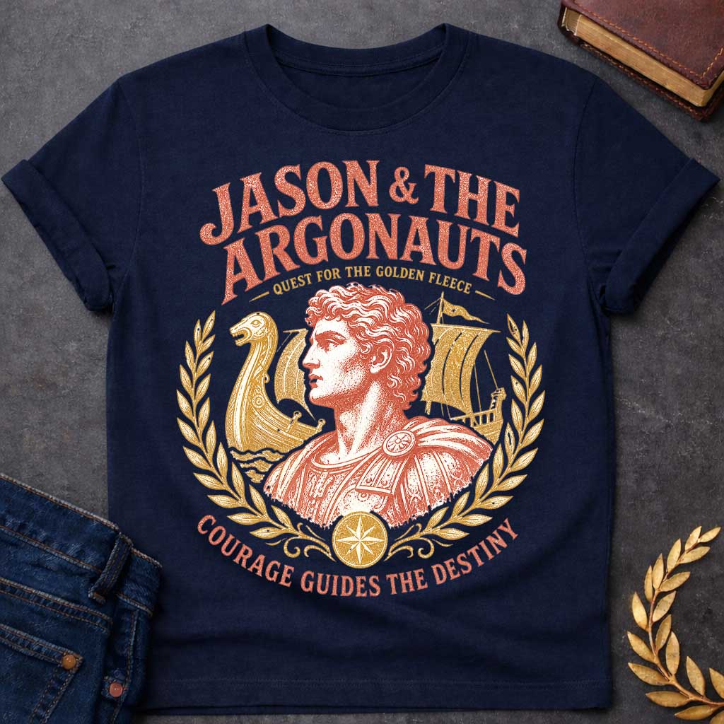 Navy t-shirt with a Vintage Jason and the Argonauts Greek mythology design featuring Jason in classical armor framed by ancient Greek ships and golden laurel branches. Distressed coral and gold artwork celebrates the legendary quest for the Golden Fleece, with bold text reading “Jason & the Argonauts,” “Quest for the Golden Fleece,” and “Courage Guides the Destiny.”