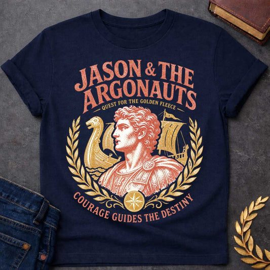 Navy t-shirt with a Vintage Jason and the Argonauts Greek mythology design featuring Jason in classical armor framed by ancient Greek ships and golden laurel branches. Distressed coral and gold artwork celebrates the legendary quest for the Golden Fleece, with bold text reading “Jason & the Argonauts,” “Quest for the Golden Fleece,” and “Courage Guides the Destiny.”