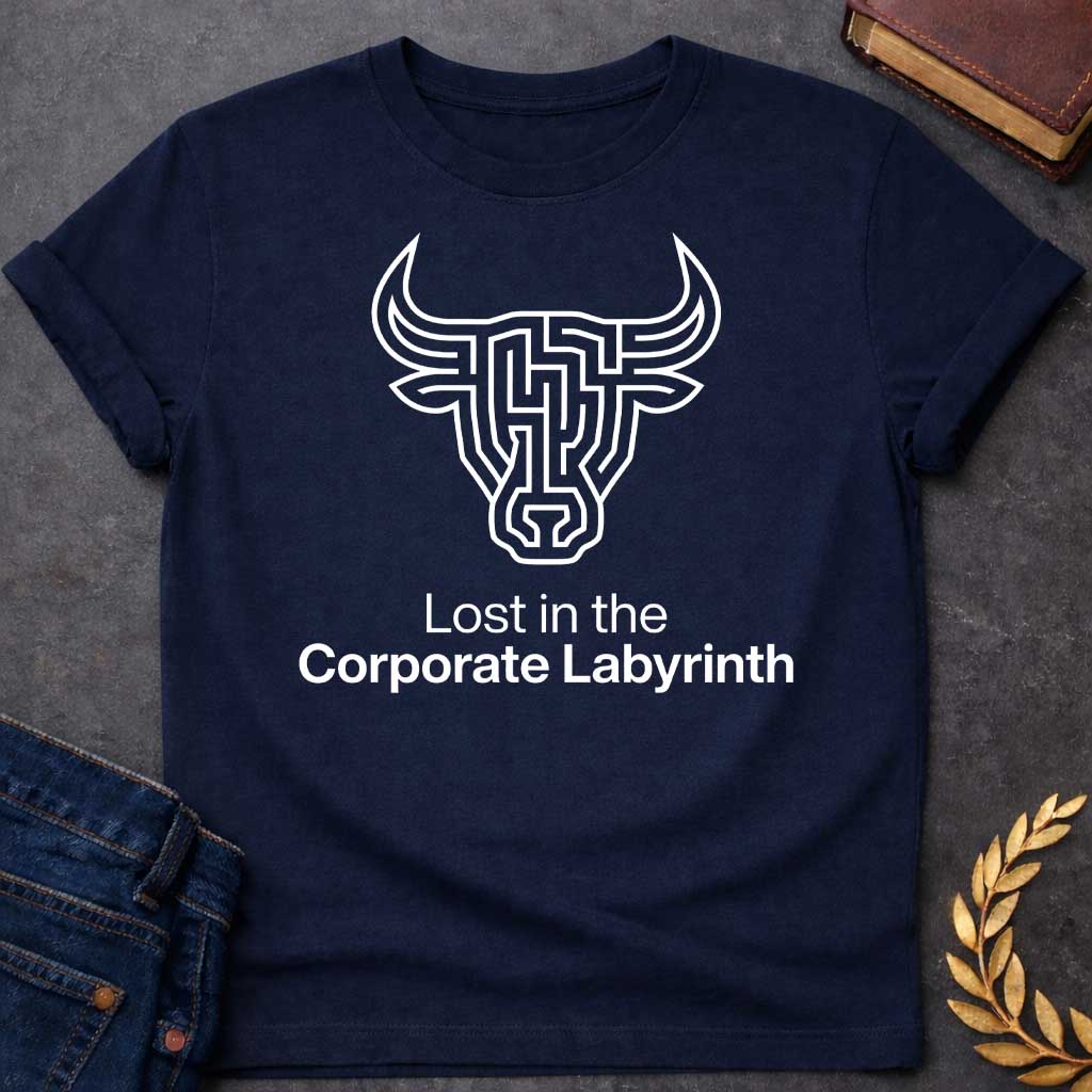 Navy T-shirt with a Minimalist line art illustration of a Minotaur head rendered entirely as a complex maze pattern in navy blue and white. The bull's horns and facial features form pathways and corridors. Text reads 'Lost in the Corporate Labyrinth' below. Clever wordplay merges Greek mythology with modern commentary on workplace frustration, bureaucratic confusion, and corporate system entrapment.