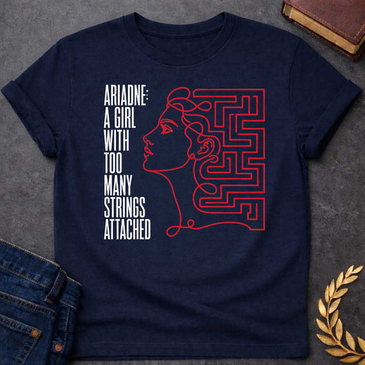 Navy T-shirt with A minimalist, modern line art t-shirt design for "ariadne a girl with black.jpg". Drawn in a single, continuous red line, the profile of a woman’s face seamlessly transitions into a geometric labyrinth maze behind her head. To the left, stark, vertically elongated black block text stacked vertically reads: "ARIADNE: A GIRL WITH TOO MANY STRINGS ATTACHED," creating a clever Greek mythology pun.
